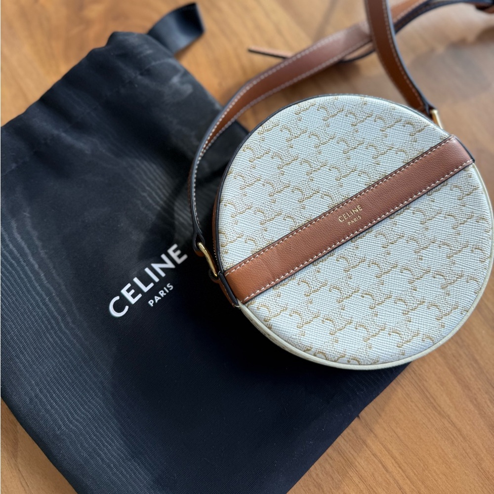 CELINE GHW Triomphe Round Shoulder Bag PVC Coated Canvas White.